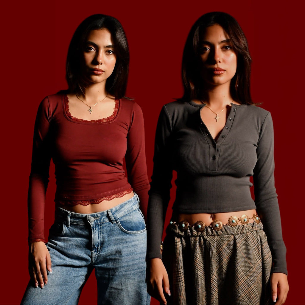 Wine - Lacey Top & Rib Button-Front Top Bundle
